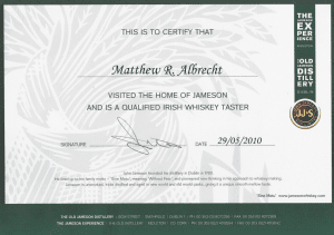 Jameson Whiskey tasting certificate