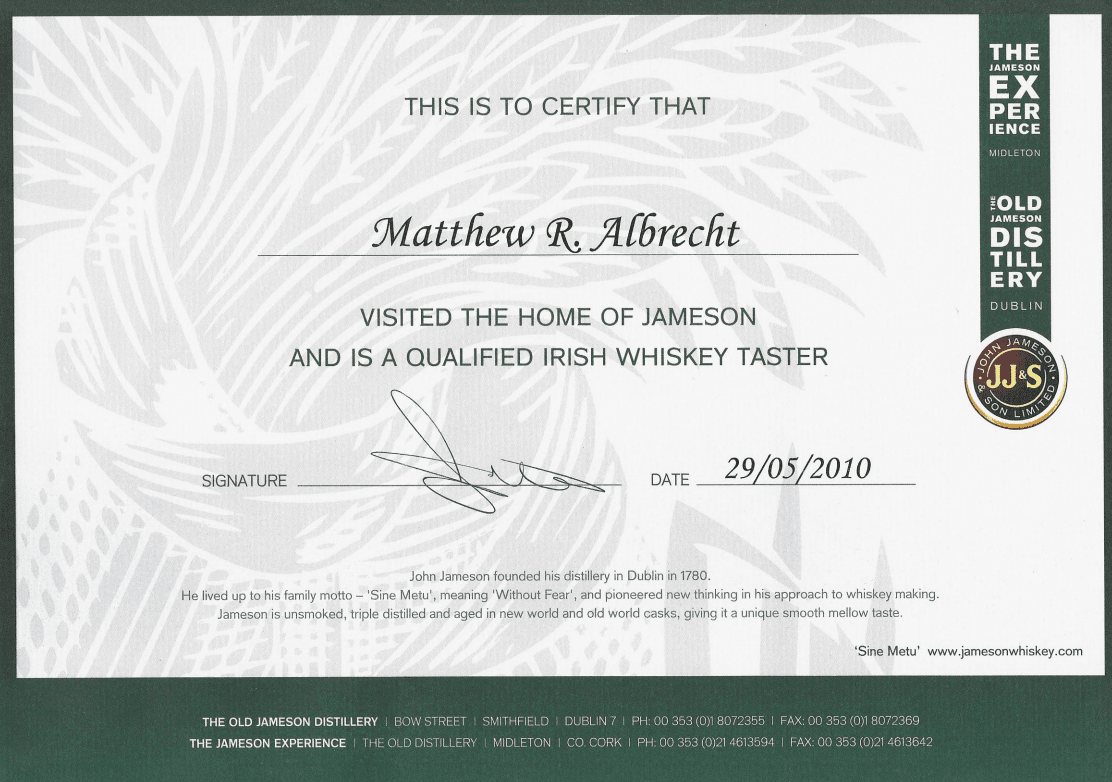 Jameson Whiskey Certificate